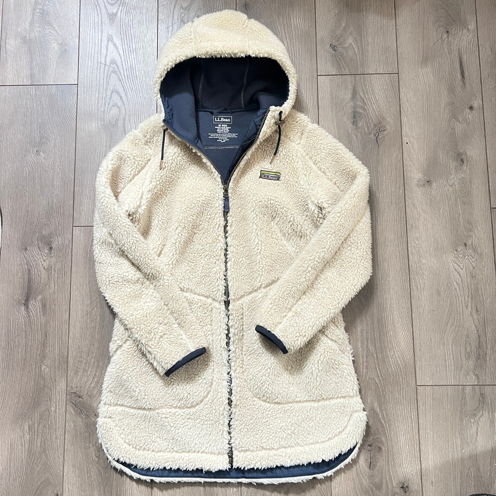 LL Bean Mountain Pile Fleece Coat Womens Medium Cream Navy Hooded Jacket 508967